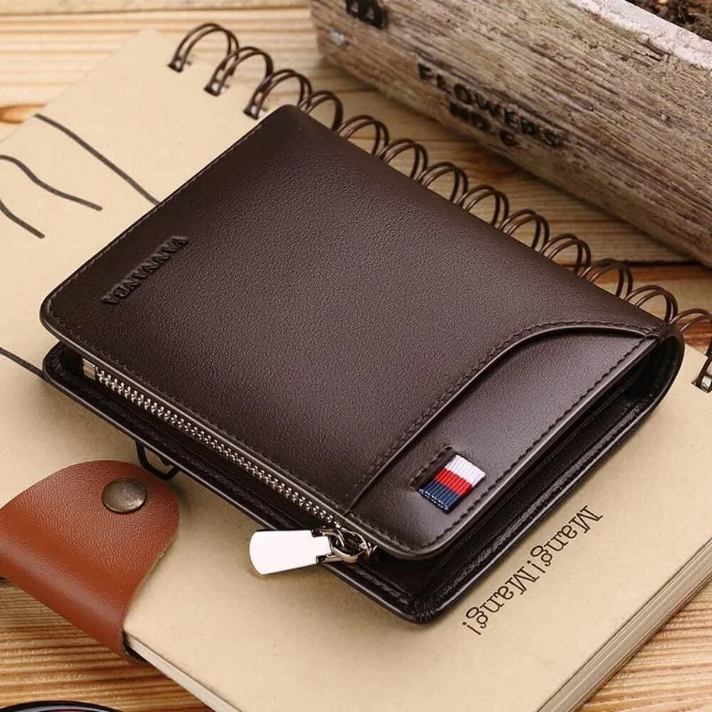 Men's Wallets Card Brown Genuine Leather Slim Front Zipper Coin Pocket Design